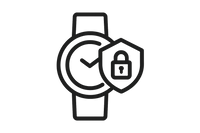 Minimalist flat icon of a secure shield combined with a wristwatch, symbolizing safe and encrypted payments. Clean lines, modern design, monochrome style, transparent background.