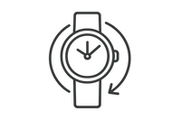 Minimalist icon of a circular arrow wrapping around a wristwatch, symbolizing easy and worry-free returns. Flat design, simple, clean, transparent background.