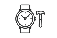 Minimalist icon of a wristwatch with a small artisan hand tool (like a hammer or screwdriver), representing handcrafted quality. Clean, modern, flat style, transparent background.